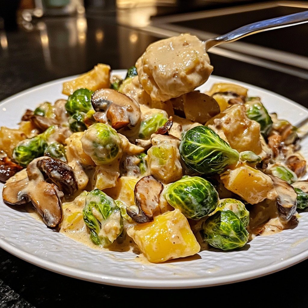 Pilzpfanne mit Rosenkohl & Kartoffelpüree