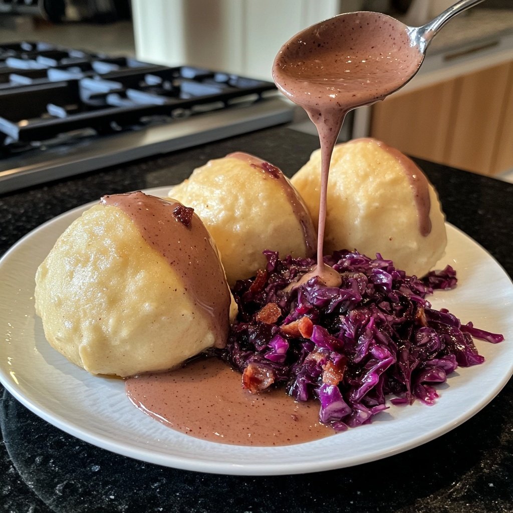 Brezenknödel mit fruchtigem Rotkohl und Speck-Sahne-Sauce