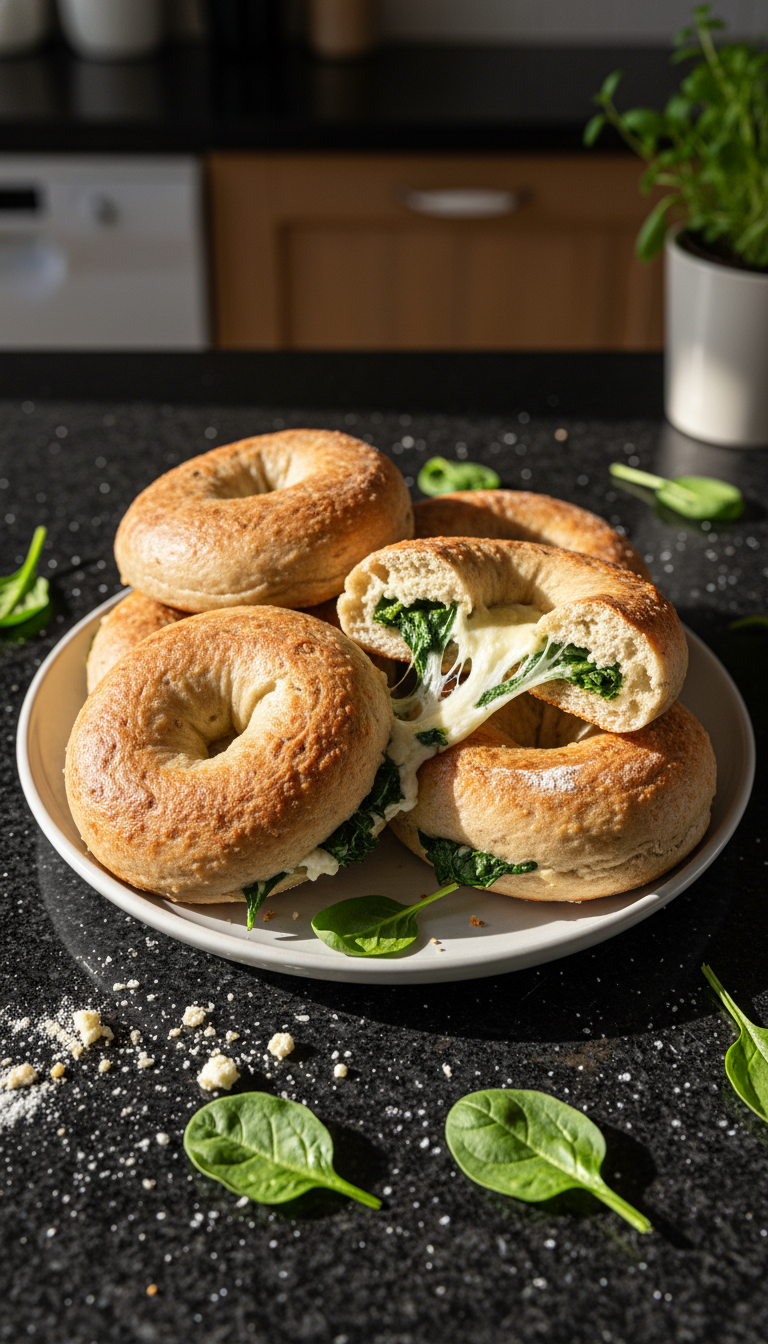 Herzhafte Spinat Hüttenkäse Bagels​